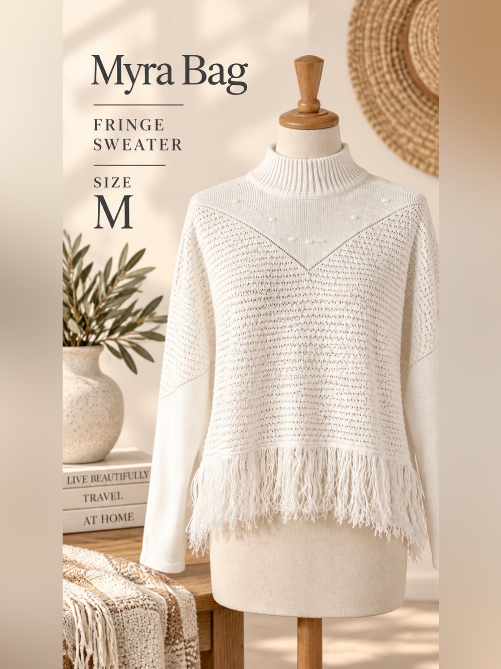Myra Bag Fringed Textured Mock Neck Sweater White Size Medium